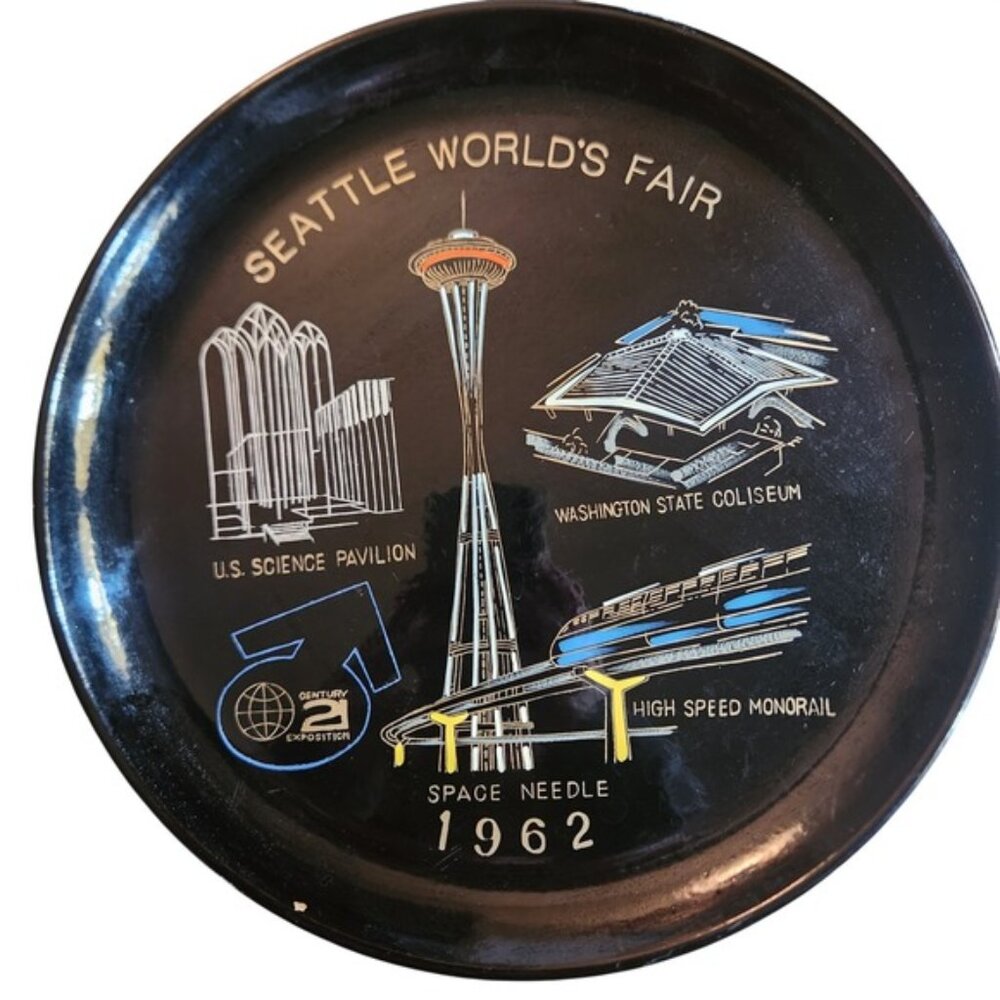 Vintage 1962 Seattle World's Fair Souvenir Metal Tray Space Needle Japan Black